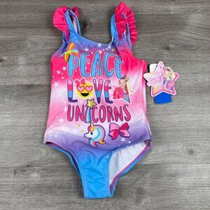 JoJo Siwa  Girl's "Peace, Love, Unicorns" Swimsuit Size 4. UPF 50+ NWT Pink/Blue
